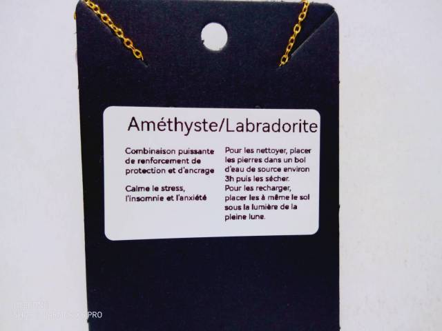Perles de labradorite, perles d'amthyste, anneau, chaine et fermoir en acier inoxydable