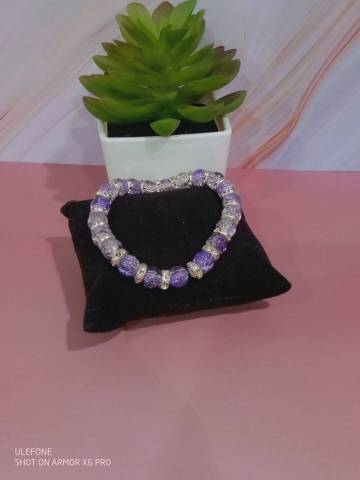 Perles de verre craquel, sparateurs argents avec strass incrusts, fil lastique de 0,8mm