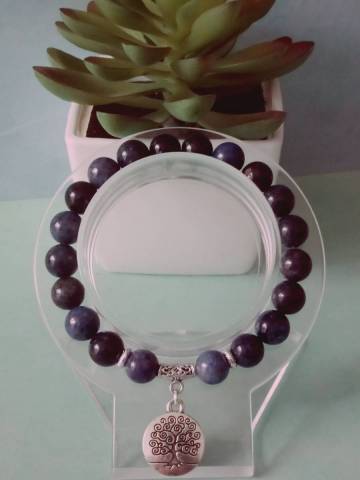 Perles de dumorti�rite naturelle, s�parateurs et pendentif en alliage m�tallique, fil �lastique 