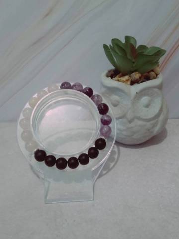 Perles d'am�thyste naturel, perles d'onyx noir naturel, perles de quartz rose naturel, s�parateurs en alliage m�talllique, fil �lastique