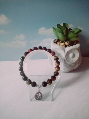 Perles d'oeil de taureau naturel, d'oeil de tigre naturel, d'oeil de faucon naturel, s�parateurs ronds plats m�talliques, connecteur avec pendentif en acier inoxydable, fil �lastique, oeilleton en alliage m�talique