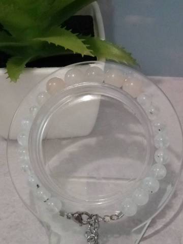Perles de quartz rose naturel, perles de pierre de lune naturelle, fermoirs, anneaux, prolongement de cha�ne en acier inoxydable, m�tallique, fil de nylon